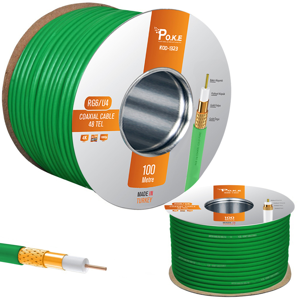 POKE RG6 U4 ALİMİNYUM TV KABLOSU 100MT 48 TEL YEŞİL 